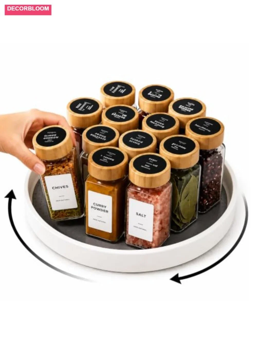 14 Pcs Glass Spice Jars with Bamboo Lids and Lazy Susan Turntable, Spice Labels